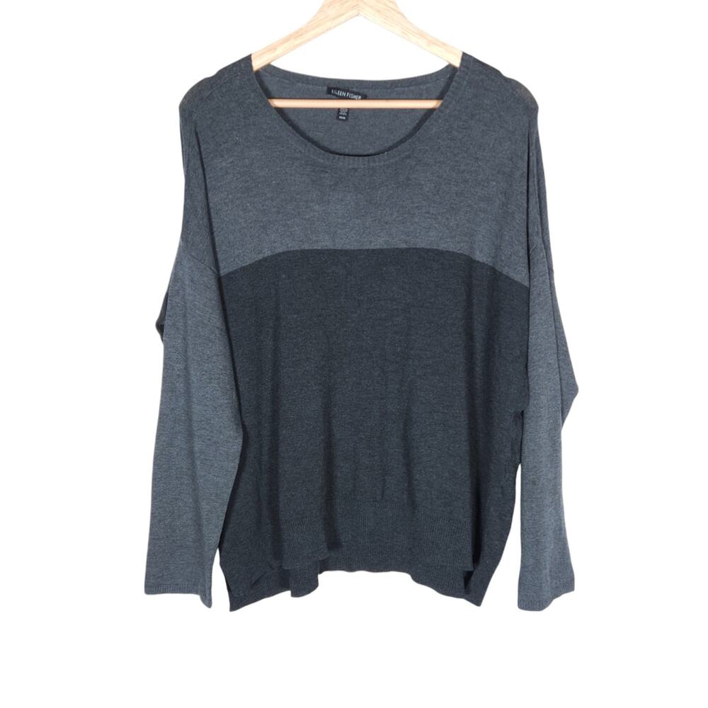 Eileen Fisher Womens Sweater Medium Two Tone Gray Color Block Knit Pullover